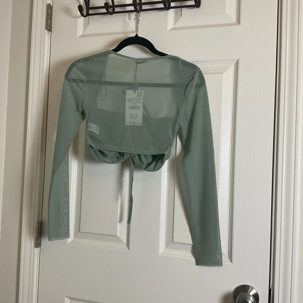ZARA TULLE RUCHED CROP TOP NWT Long Sleeve Crisscross Straps M